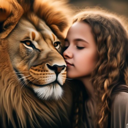 Девушка обнимает льва