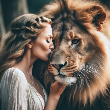 Девушка целует льва