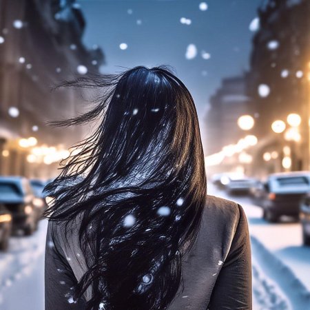 Брюнетка зимой со спины