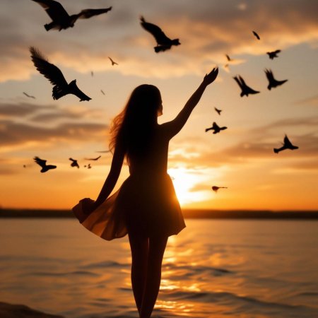 Море птицы девушка