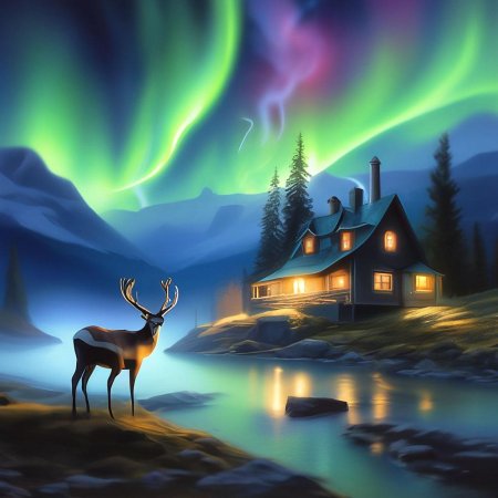 Северное сияние и олени