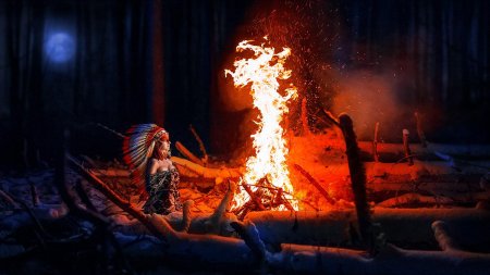 Девушка у костра ночью