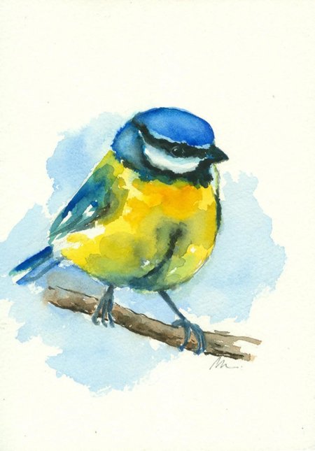 Синица акварелью