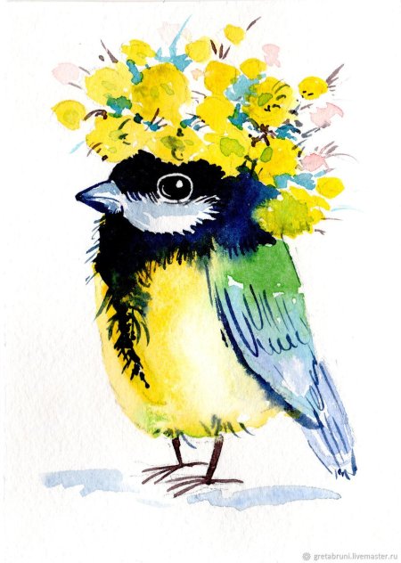 Синица акварелью