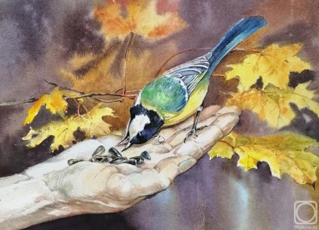 Синичка акварелью