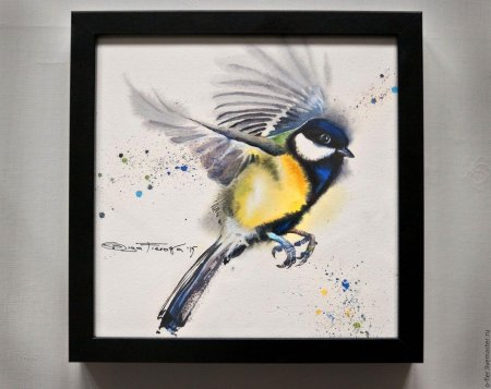 Синица в полете акварель