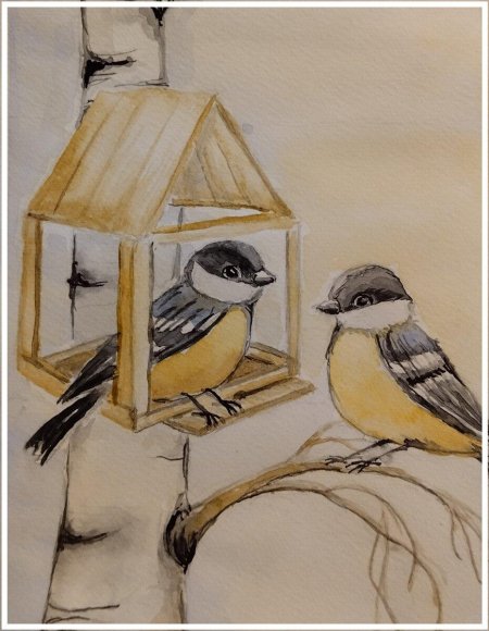 Синичка рисунок акварелью