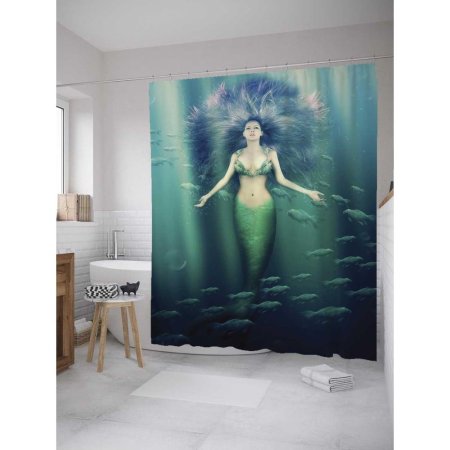 Штора для ванной с котом русалкой