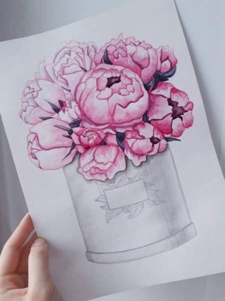 Пионы скетчинг акварель