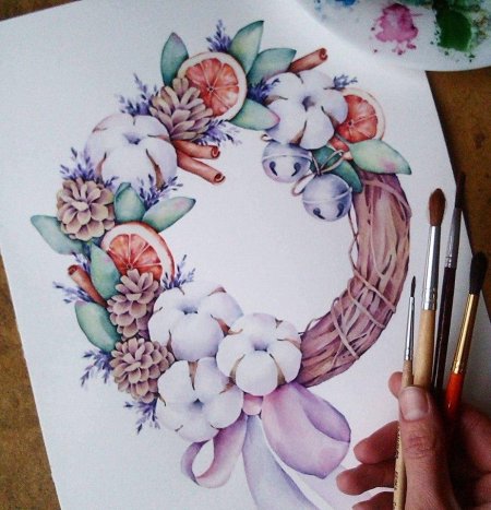 Венок Рождественский иллюстрация акварель