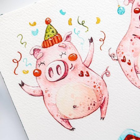 Свинья рисунок акварелью