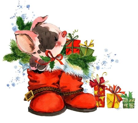 Рождественский поросенок акварель
