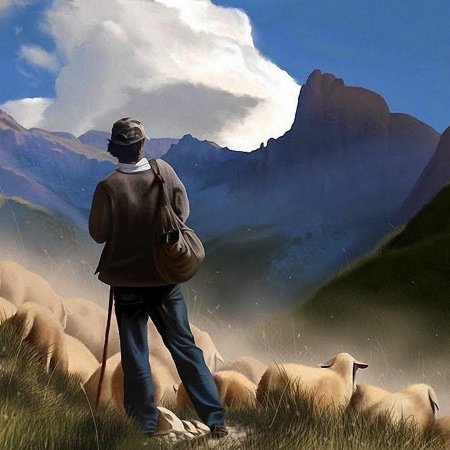 Чабан пасет овец в горах картина