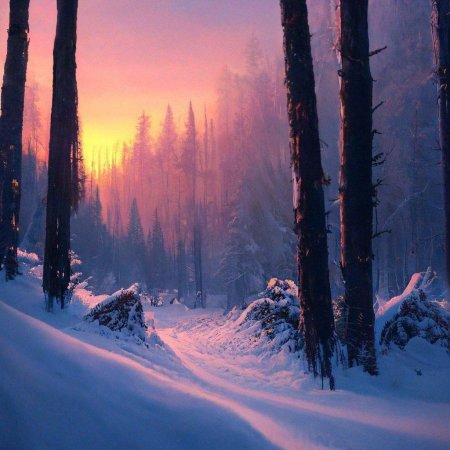 Зимний закат в еловом лесу