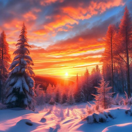 Зимний лес закат