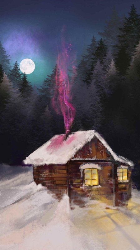 Зимний домик ночью