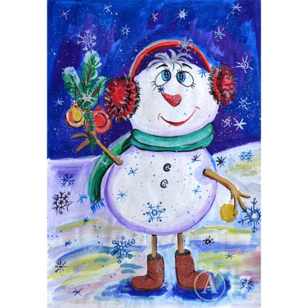 Снеговик акварель