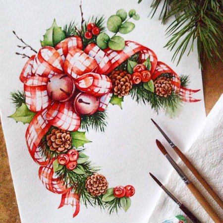 Рождественский венок скетч акварель