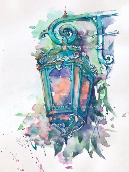 Уличный фонарь акварелью