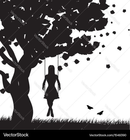 Черным силуэт дерева с качелями