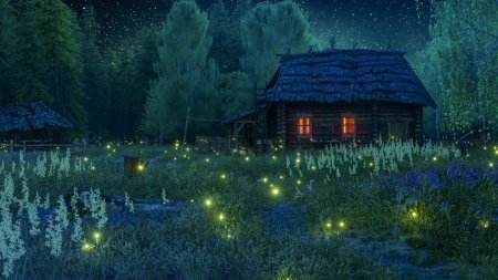 Фон с избушкой голубой