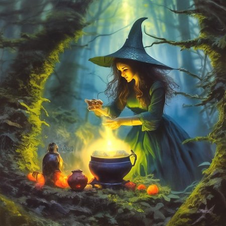 Ведьма варит зелье в котле