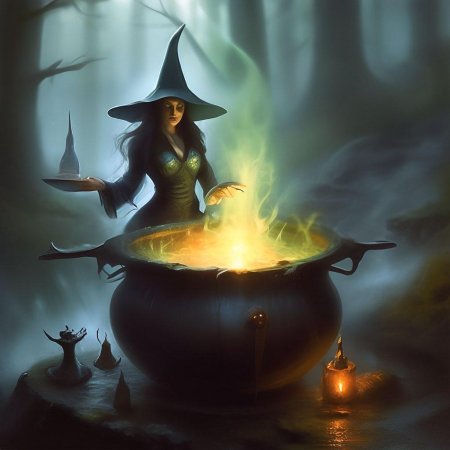 Ведьма варит зелье в котле