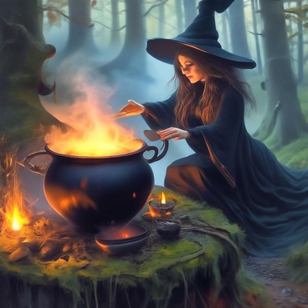 Ведьма варит зелье в котле
