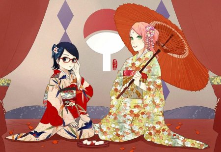 Сакура Харуно и Сарада Учиха в кимоно