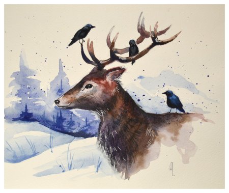 Олень акварелью