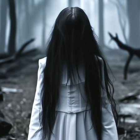 Девочка в белом платье с черными волосами