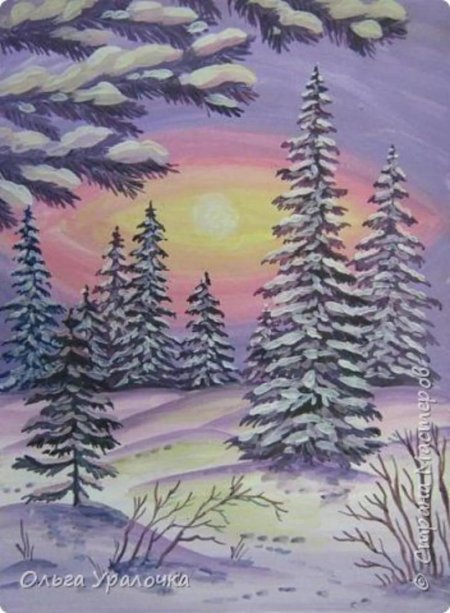 Зимний пейзаж гуашью