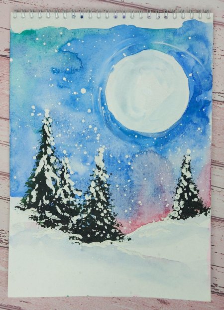 Зимняя елка рисунок гуашью