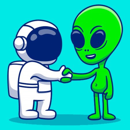 Космонавт здоровается с инопланетянином