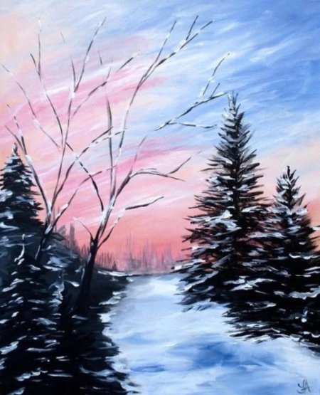 Зимний пейзаж гуашью