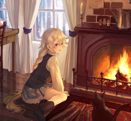 Аниме комната с камином