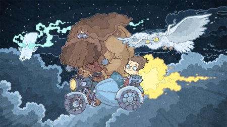 Хагрид и Гарри на мотоцикле