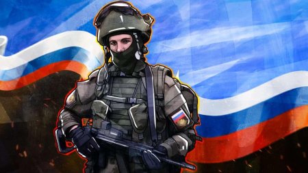 Солдат с флагом России