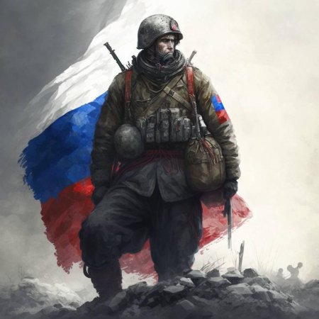Солдат с флагом России