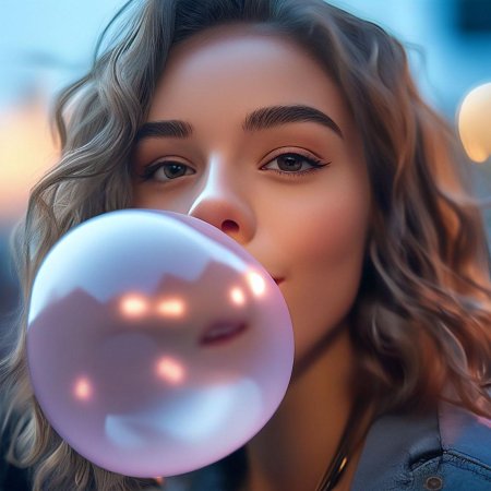 Девушка надувает шарик