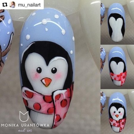 Пингвин на ногтях новогодний