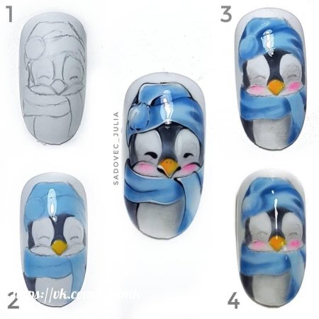 Пингвин на ногтях новогодний пошагово