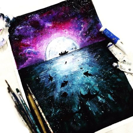 Космос рисунок акварелью