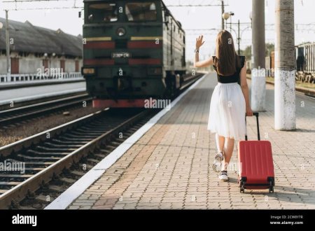 Девушка с чемоданом на платформе