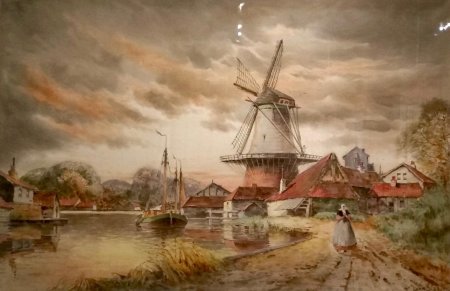 Художник Louis van Staaten 1836-1909 голландская гавань и Ветряные мельницы