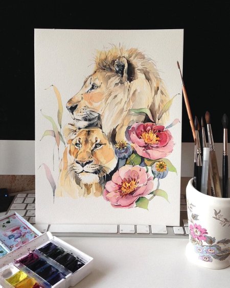Наталья Каданцева акварель львы