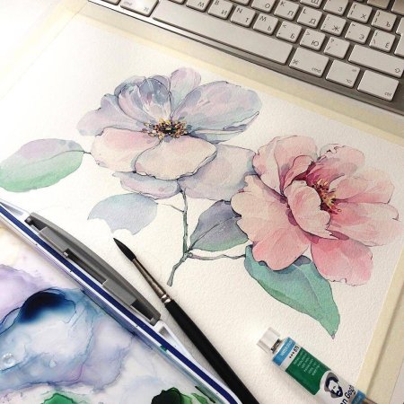 Цветы акварелью и ручкой