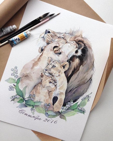 Наталья Каданцева акварель львы