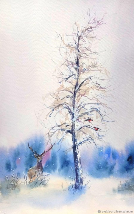Зимнее дерево акварелью