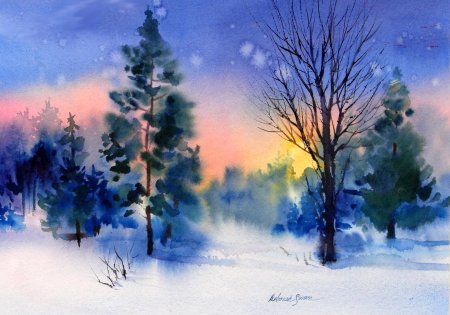 Акварель зимний пейзаж Борис Козьяков